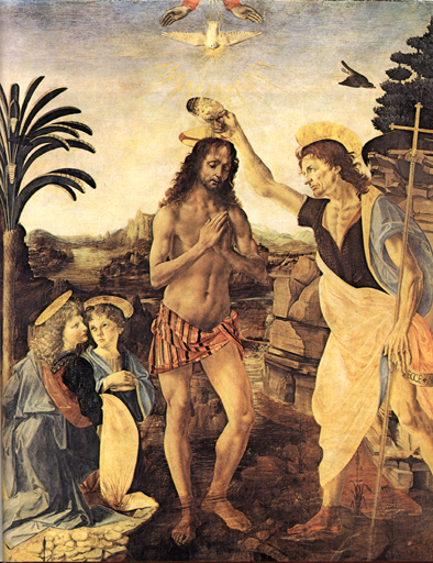 Andrea del Verrocchio s Leonardo da Vinci: Krisztus keresztelse. 1470-1475 k. Firenze, Uffizi.