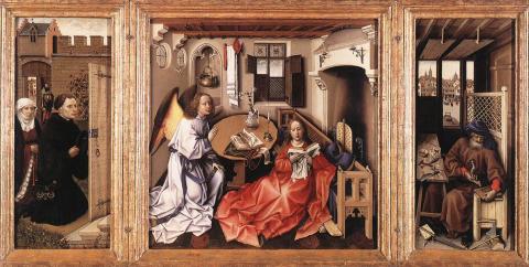 Robert Campin:  Mérode Altarpiece Az Annunciation szárnyas oltárképe