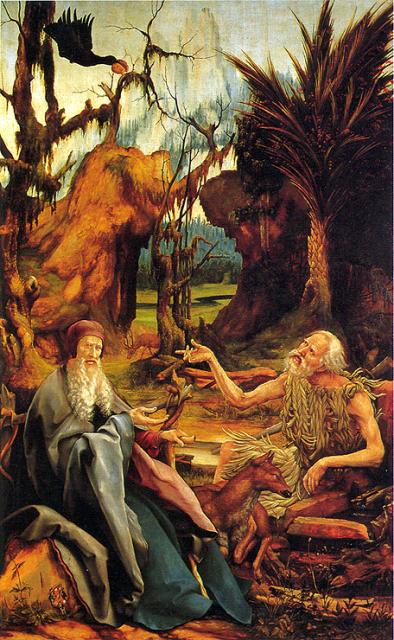 Matthias Grünewald: St. Antonius Abt bezoekt St. Paulus de Heremiet. 1512-1516. . Musée d'Unterlinden, Colmar, Frankrijk.